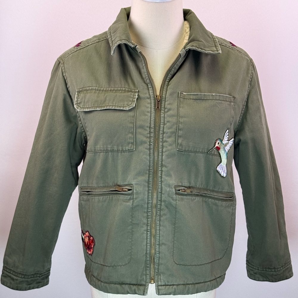 Zara Girls Embroidered Hummingbird Floral Sherpa Lined Utility Jacket Size 11/12